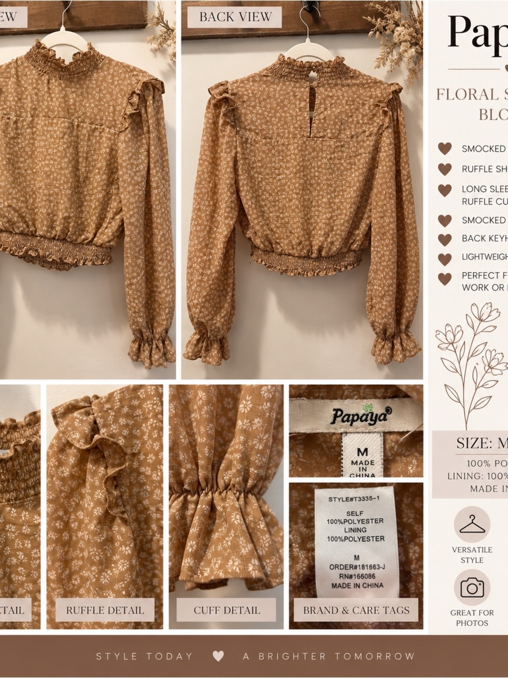 Papaya Girls' Tan Floral Smocked Hem Long-Sleeve Top